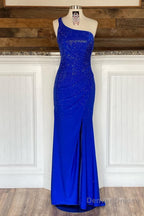 Sheath One Shoulder Royal Blue Long Prom Dresses with Beading