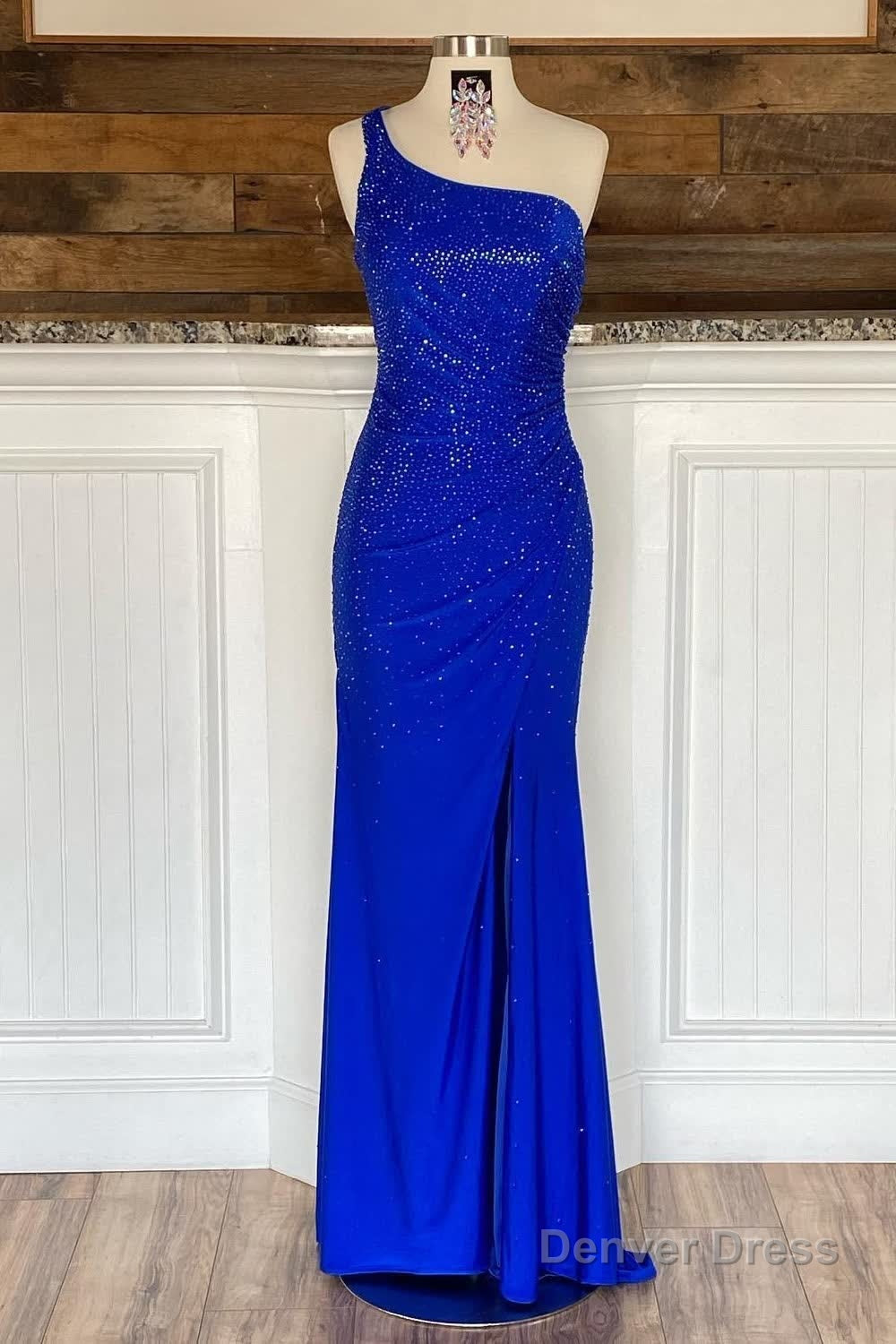 Sheath One Shoulder Royal Blue Long Prom Dresses with Beading