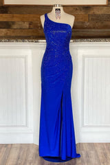 sheath one shoulder royal blue long prom dress with beading