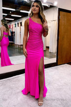 Sheath One Shoulder Royal Blue Long Prom Dresses with Beading