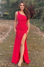 Sheath One Shoulder Royal Blue Long Prom Dresses with Beading