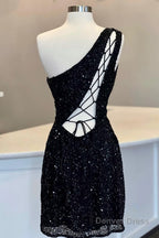 Sheath One Shoulder Royal Blue Sequins Short Homecoming Dresses