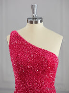 Sheath One-Shoulder Sequin Short/Mini Velvet Sequins Dress