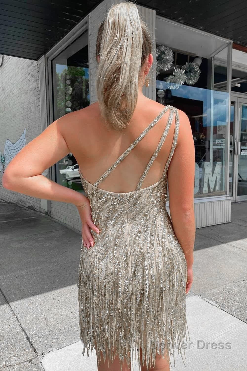 Sheath One Shoulder Silver Sequins Short Homecoming Dresses with Tassel Secondary image