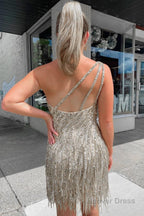 Sheath One Shoulder Silver Sequins Short Homecoming Dresses with Tassel