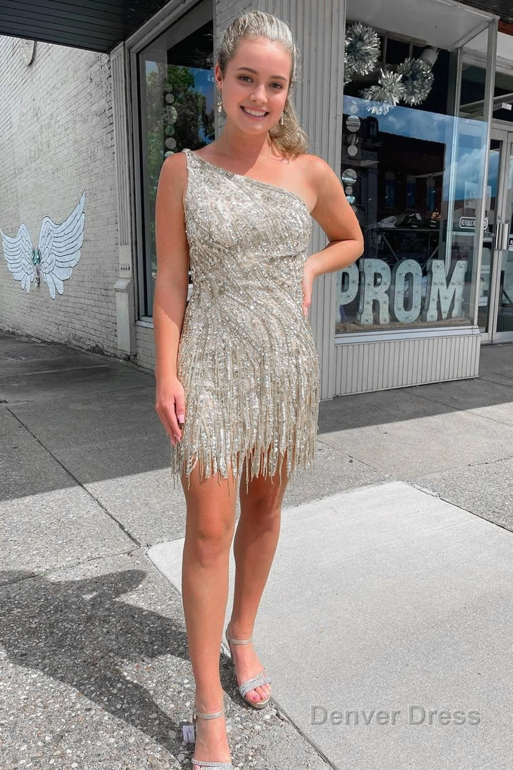 sheath one shoulder silver sequins short homecoming dress with tassel