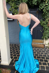 sheath one shoulder sky blue long prom dress with split front