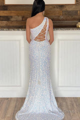 sheath one shoulder white sequins long prom dress with split front