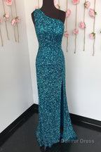 Sheath One Shoulder White Sequins Long Prom Dresses with Split Front
