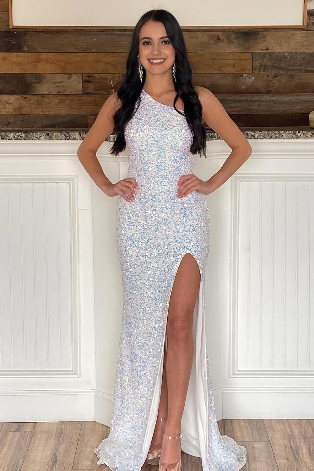 sheath one shoulder white sequins long prom dress with split front