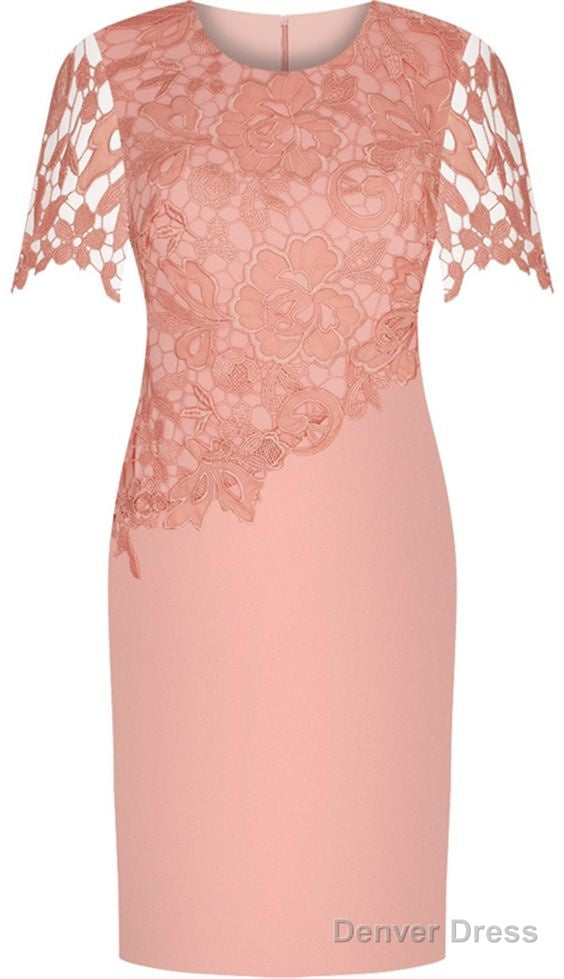 Sheath Round Neck Short Sleeves Prom Elastic Satin Short Mother Of The Bride Dress With Lace Main image