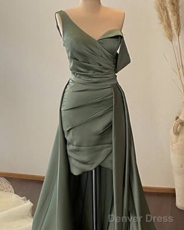 Sheath Sage Pleated Satin Prom Dresses