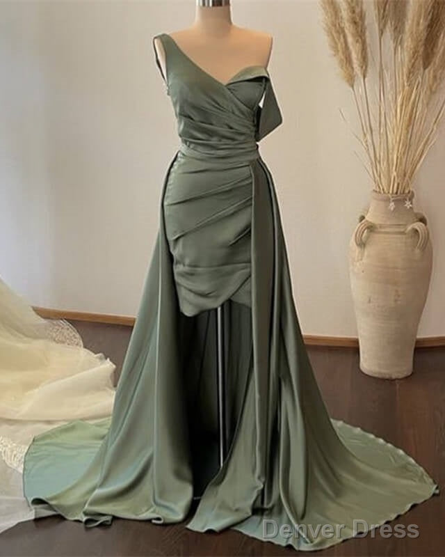 Sheath Sage Pleated Satin Prom Dresses