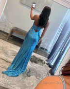 Sheath Spaghetti Strap Sequin Prom Dress with Slit