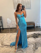 Sheath Spaghetti Strap Sequin Prom Dresses with Slit