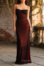 Sheath Spaghetti Straps Black Red Prom Dress Floor Length Bridesmaid Dresses