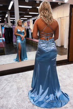 Sheath Spaghetti Straps Blue Long Prom Dresses with Silt