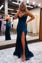 Sheath Spaghetti Straps Blue Long Prom Dresses with Silt