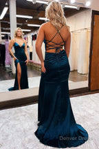Sheath Spaghetti Straps Blue Long Prom Dresses with Silt