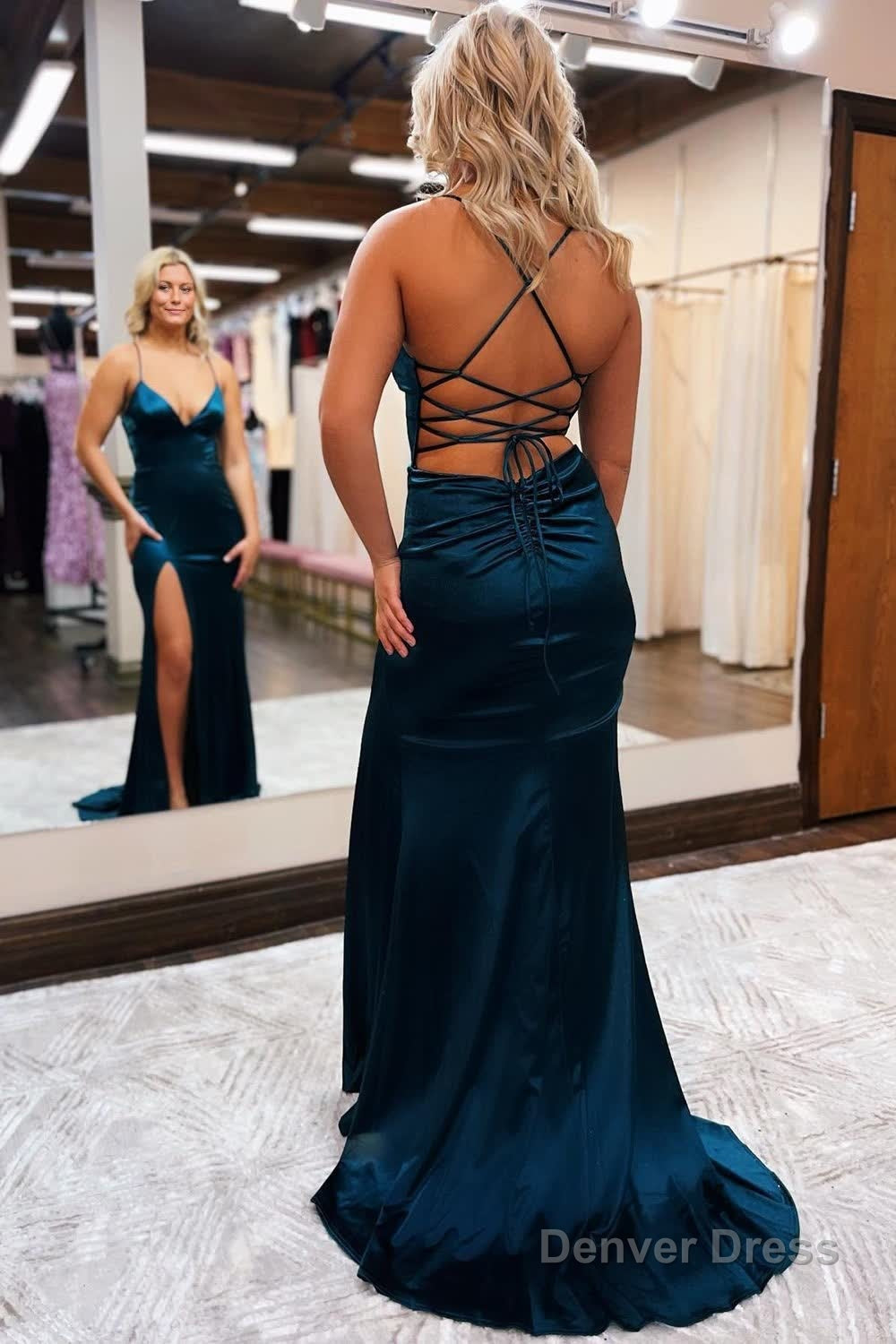 Sheath Spaghetti Straps Blue Long Prom Dresses with Silt