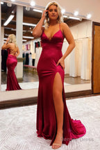 Sheath Spaghetti Straps Blue Long Prom Dresses with Silt