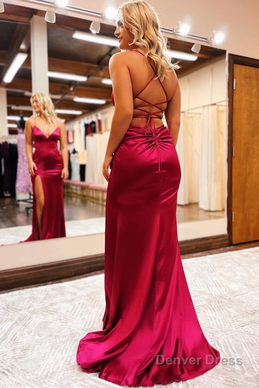 Sheath Spaghetti Straps Blue Long Prom Dresses with Silt