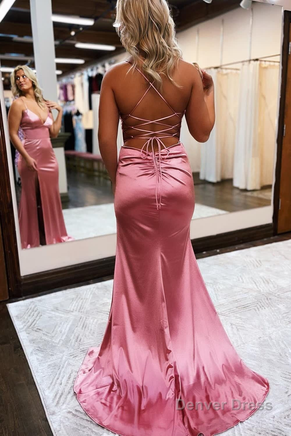 Sheath Spaghetti Straps Blue Long Prom Dresses with Silt