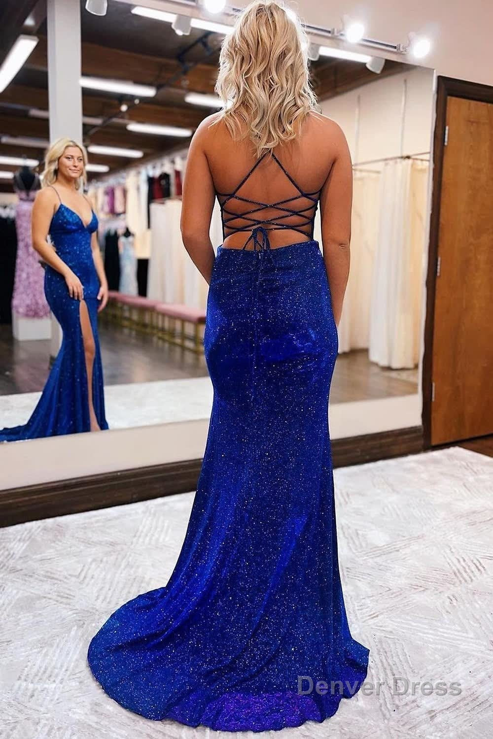 Sheath Spaghetti Straps Blue Sequins Long Prom Dress with Silt Secondary image