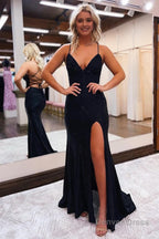 Sheath Spaghetti Straps Blue Sequins Long Prom Dresses with Silt