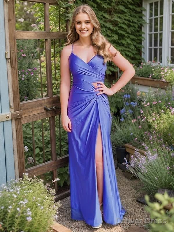 Sheath Spaghetti Straps Corset Back Prom Dresses With Split Main image