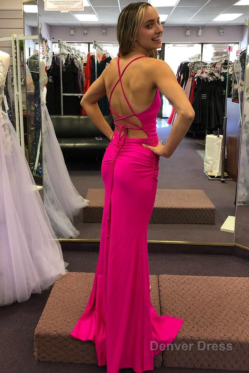 Sheath Spaghetti Straps Hot Pink Long Prom Dresses with Silt Secondary image