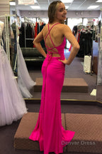 Sheath Spaghetti Straps Hot Pink Long Prom Dresses with Silt
