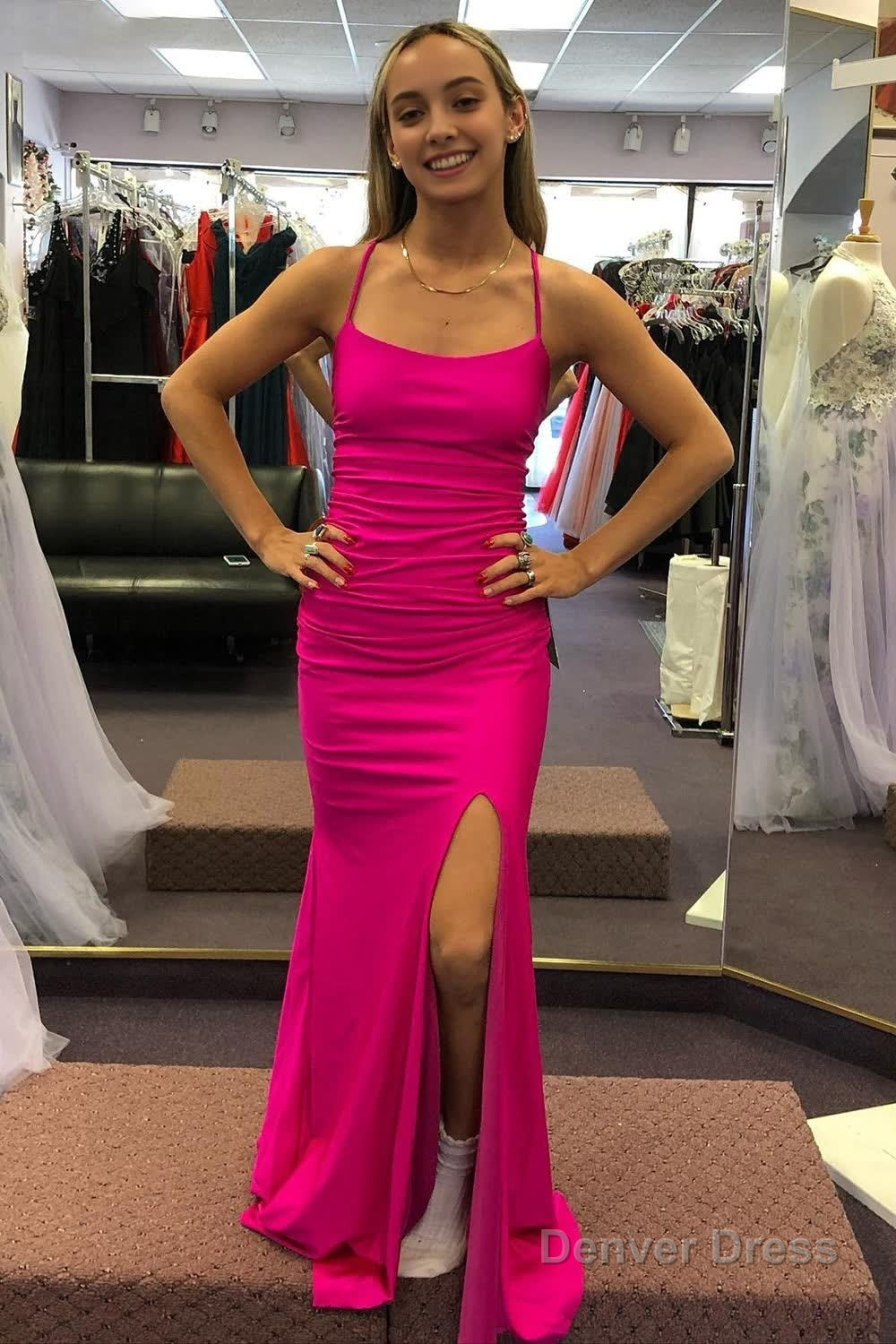Sheath Spaghetti Straps Hot Pink Long Prom Dresses with Silt Main image