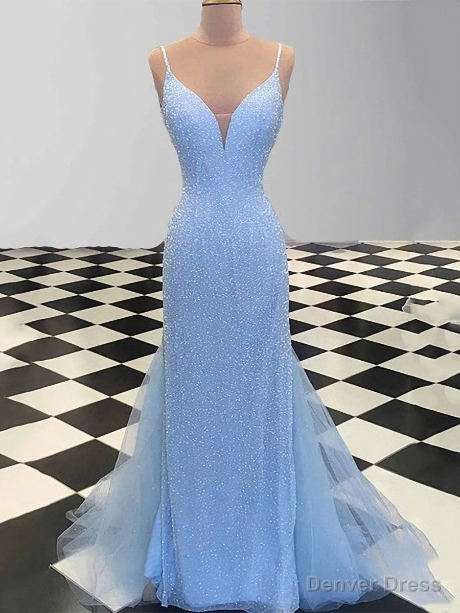 Sheath Spaghetti Straps Light Blue Sequin Prom Dresses Secondary image