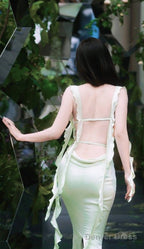 Sheath Spaghetti Straps Long Prom Dresses Mint Green Backless Prom Dress