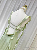 Sheath Spaghetti Straps Long Prom Dresses Mint Green Backless Prom Dress