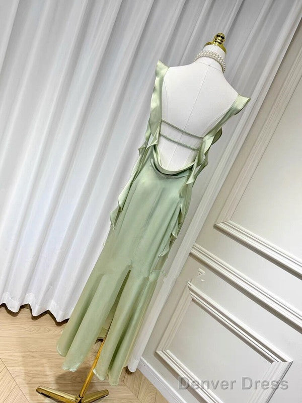 Sheath Spaghetti Straps Long Prom Dresses Mint Green Backless Prom Dress