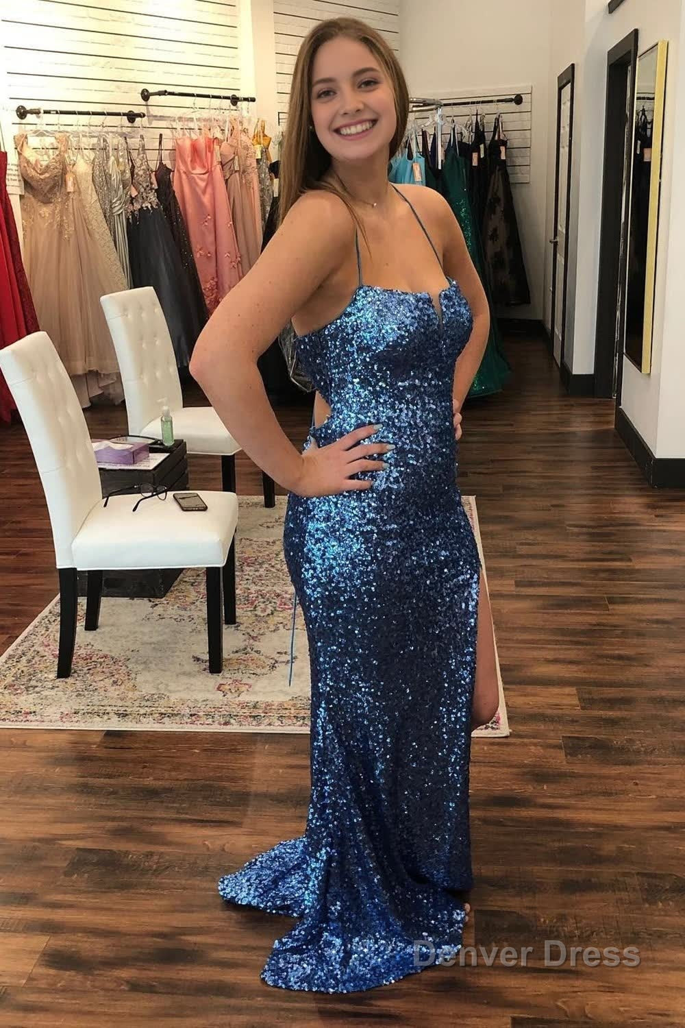 Sheath Spaghetti Straps Navy Sequins Long Prom Dresses with Criss Cross Back Main image