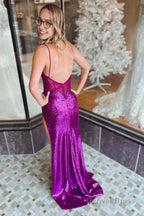 Sheath Spaghetti Straps Purple Sequins Long Prom Dresses with Split Front