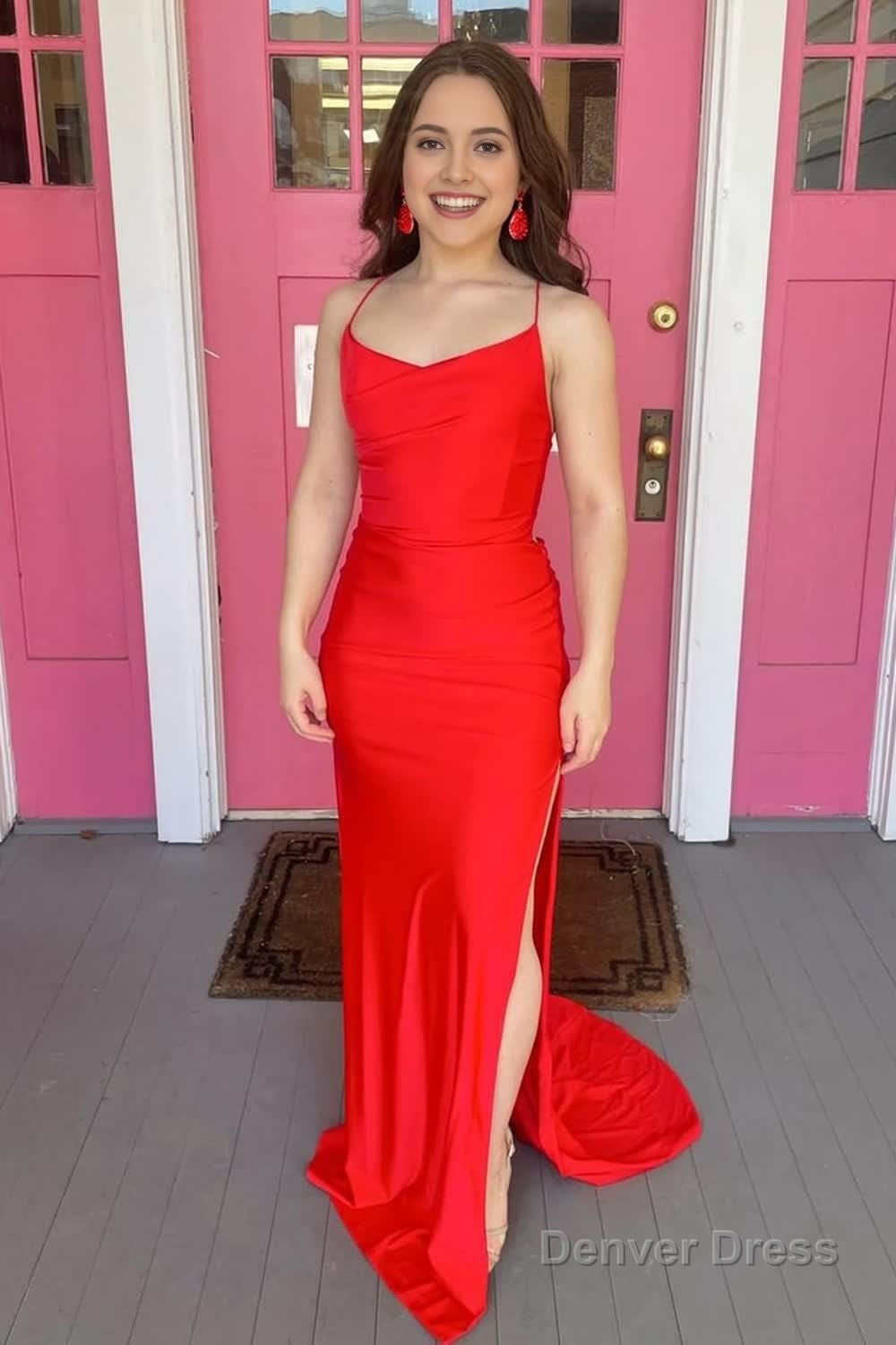 Sheath Spaghetti Straps Red Long Prom Dress with Split Front Main image