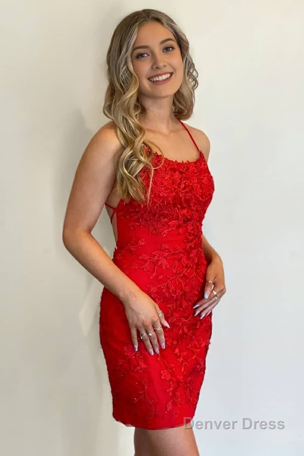 Sheath Spaghetti Straps Red Short Homecoming Dresses with Appliques Main image