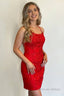 Sheath Spaghetti Straps Red Short Homecoming Dresses with Appliques