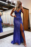 Sheath Spaghetti Straps Royal Blue Sequins Long Prom Dresses with Silt