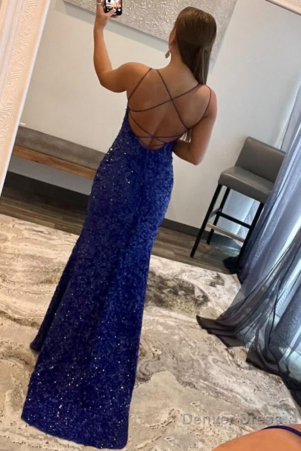 Sheath Spaghetti Straps Royal Blue Sequins Long Prom Dresses with Split Front