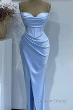 Sheath Spaghetti Straps Satin Pleated Light Blue Long Prom Dress Bridesmaid Dress Prom Gowns Prom Dresses With Slit