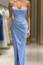 Sheath Spaghetti Straps Satin Pleated Light Blue Long Prom Dress Bridesmaid Dress Prom Gowns Prom Dresses With Slit