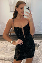 Sheath Spaghetti Straps Sequined Lace Homecoming Dresses