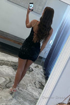 Sheath Spaghetti Straps Sequined Lace Homecoming Dresses