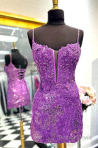 Sheath Spaghetti Straps Sequined Lace Homecoming Dresses