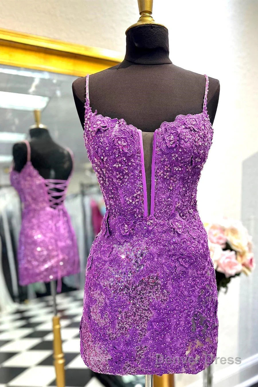 Sheath Spaghetti Straps Sequined Lace Homecoming Dresses